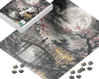 Asian Puzzle Game Night Entertainment Activity Set Frame Ready Recyclable Jigsaw Art Collection Cherry Blossom Bridge Scene Glitter Overlay