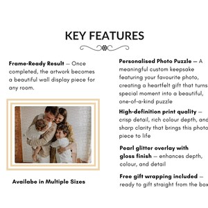 May include: A personalized photo puzzle featuring a family portrait. The image is framed with a light beige border. Text on the image reads "Key Features", "Frame-Ready Result", "Personalized Photo Puzzle", and "Available in Multiple Sizes".