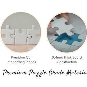 May include: Image of a white puzzle with interlocking pieces. The image includes text that reads "Precision Cut Interlocking Pieces", "0.4mm Thick Board Construction", and "Premium Puzzle Grade Material".