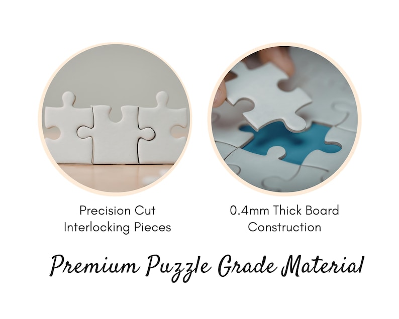May include: Image of a white puzzle with interlocking pieces. The image includes text that reads "Precision Cut Interlocking Pieces", "0.4mm Thick Board Construction", and "Premium Puzzle Grade Material".