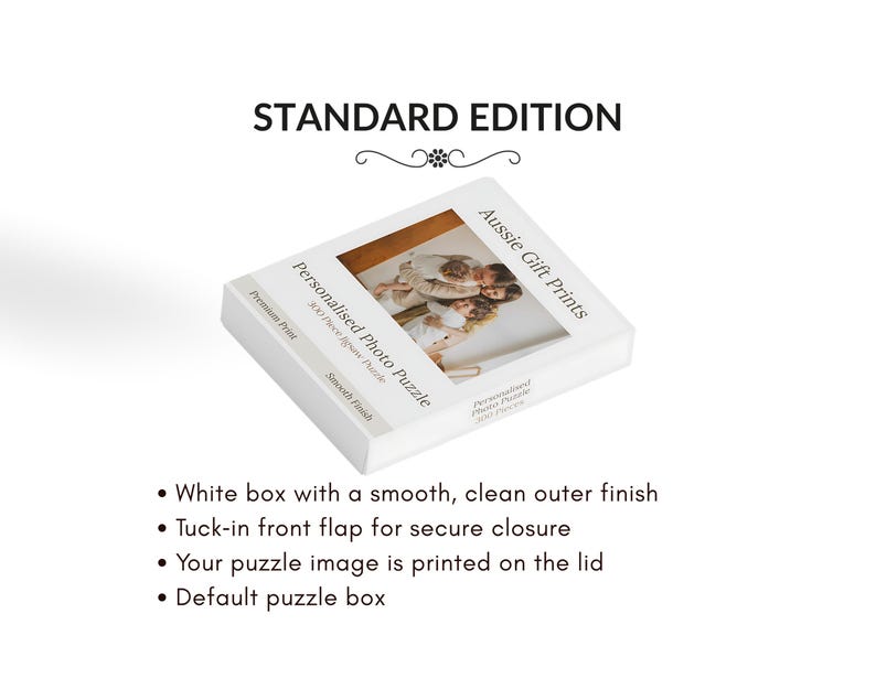 May include: A white puzzle box with a smooth finish, featuring a family photo on the lid. The box has a tuck-in front flap for secure closure. The text "Personalised Photo Puzzle" and "Aussie Gift Prints" are visible.