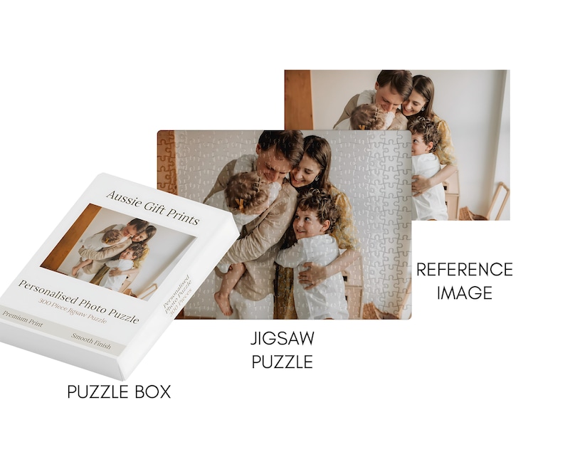 May include: A white puzzle box with the text "Aussie Gift Prints" and "Personalised Photo Puzzle". The box features a family photo. A completed jigsaw puzzle and a reference image of the family are also shown.