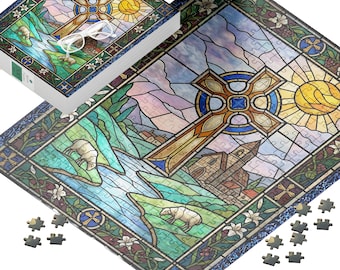 Celtic Cross Puzzle Religious Gift Idea Catholic Jigsaw Game Pastoral Scenery Stained Glass Art Christian Decor Countryside View Handcrafted