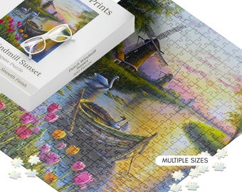 Windmill Jigsaw Puzzle Gift Ready Wall Art Dutch Canal Sunset Scene Netherlands Home Display Swan Artwork Tulip Design Cottage Style Adult