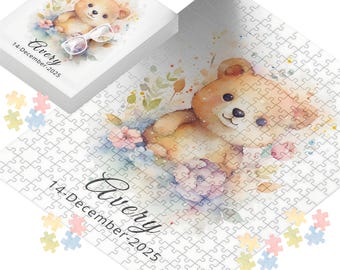 Personalised Name Puzzle Teddy Bear Watercolour Design Custom Birthday Gift Idea Baby Shower Present Perfect Nursery Decoration Toddler
