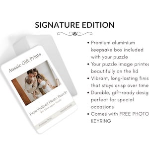 A white metal keepsake box with a personalized photo puzzle lid. The lid features a family photo and the text "Aussie Gift Prints" and "Personalised Photo Puzzle". The words "SIGNATURE EDITION" are at the top.
