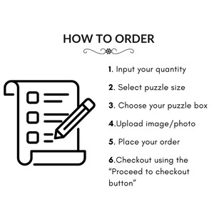 White graphic with the text "HOW TO ORDER" and numbered steps for ordering a product. Steps include inputting quantity, selecting size, choosing a box, placing an order, and uploading photos.