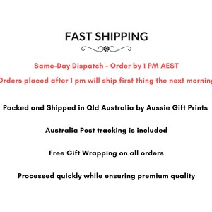 May include: White background with the words "FAST SHIPPING" in black. Below, text in black and red states same-day dispatch, order by 1 PM AEST, and other shipping details. The image also mentions free gift wrapping and premium quality.
