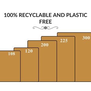 May include: Image features five stacked, rectangular brown blocks with black outlines. Each block has a white number indicating a measurement: 108, 120, 200, 225, and 300. The text at the top reads "100% Recyclable and Plastic Free."