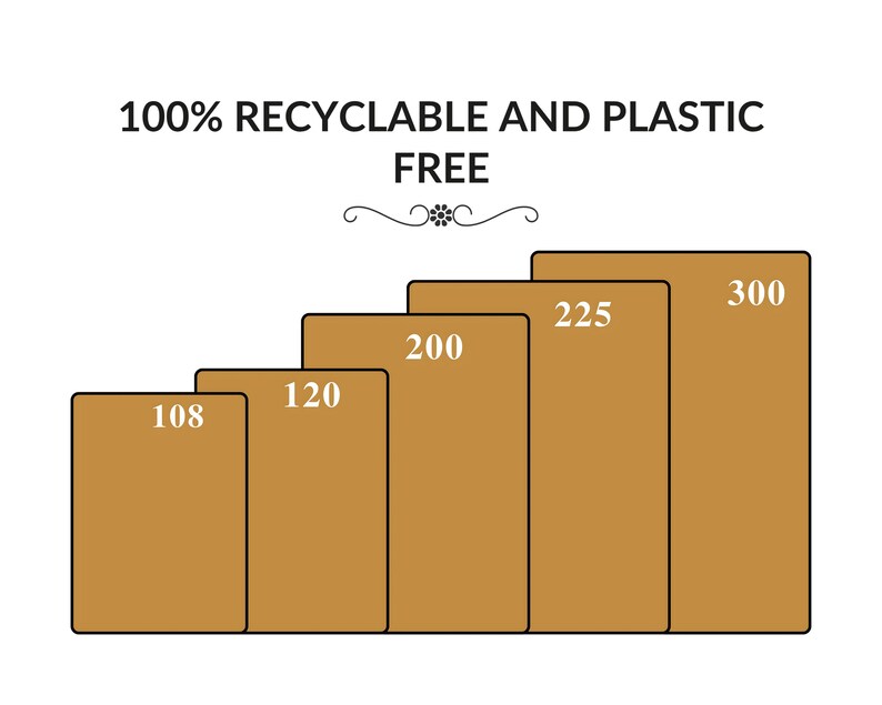 May include: Image features five stacked, rectangular brown blocks with black outlines. Each block has a white number indicating a measurement: 108, 120, 200, 225, and 300. The text at the top reads "100% Recyclable and Plastic Free."