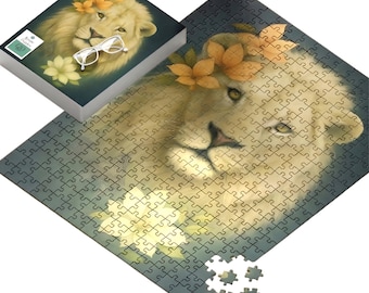 White Lion Jigsaw Puzzle Activity Family Entertainment Hobby Gift Luxury Present Perfect Decoration Wall Art Wildlife Flower Floral Design