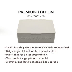 May include: A beige plastic box with a hinged lid, labeled "PREMIUM EDITION" and "AUSSIE GIFT PRINTS." The box has a white base and is designed for puzzles. The description highlights its durable construction and modern finish.