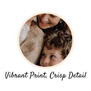 May include: A round puzzle featuring a photo of a mother and child. The puzzle pieces are visible within the image. The text "Vibrant Print, Crisp Detail" is written in a cursive font below the image.