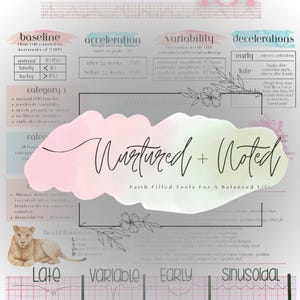 May include: A medical infographic titled "fetal monitoring 101" with text and diagrams about baseline, acceleration, variability, and decelerations. The image includes a watercolor lion illustration and the text "Nurtured + Noted".