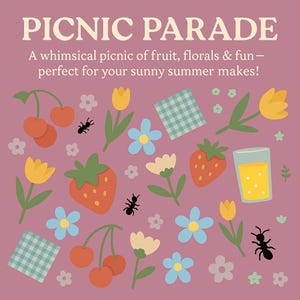 Sweet summer vibes! Perfect picnic pattern with cherries, strawberries, flowers, and ants—ideal for fun fabric & crafts