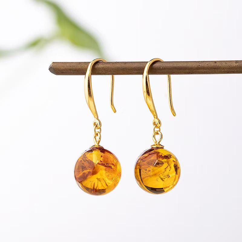Boucles D'oreilles Vintage Années 80 En Résine Imitation Ambre - Occasion, Fermoir Clip
