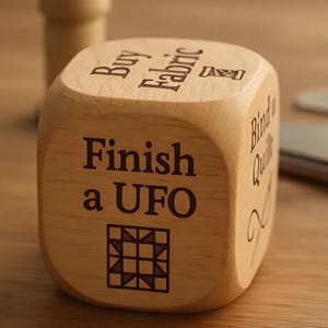 Może przedstawiać: Jasnobrązowa drewniana kostka z wygrawerowanym tekstem i wzorem bloku kołdry. Na ścianach kostki widnieją napisy "Buy Fabric", "Finish a UFO" i "Bind a Quilt". Leży na drewnianej powierzchni.