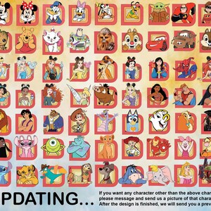 May include: A collection of cartoon character images, including Mickey Mouse, Donald Duck, and various Disney princesses, arranged in a grid. Each character is set against a red 'D' background. The word "UPDATING..." is at the bottom, with a message about custom character requests.