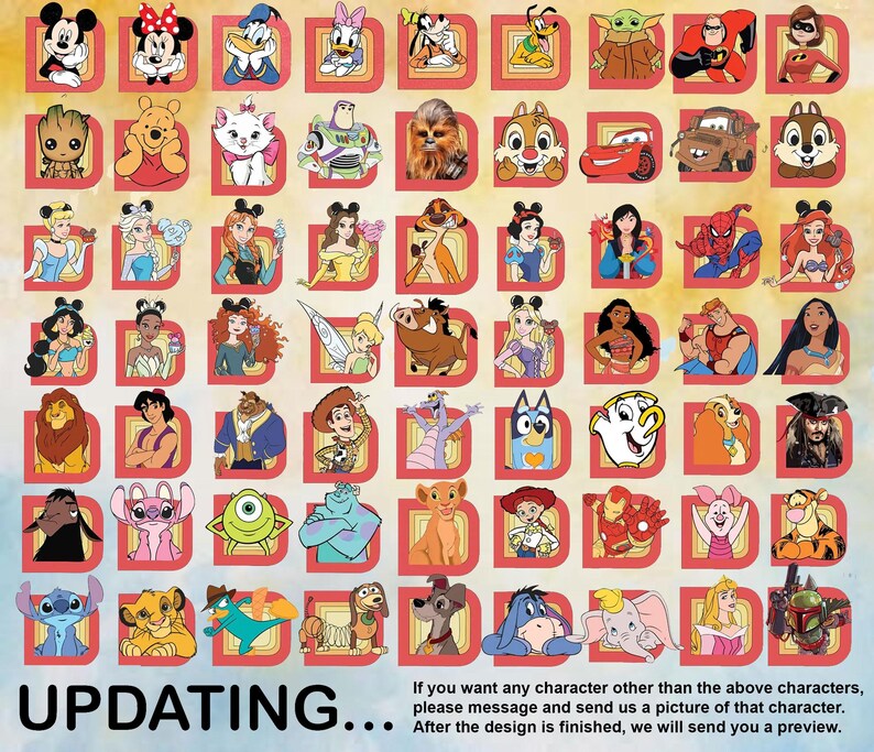 May include: A collection of cartoon character images, including Mickey Mouse, Donald Duck, and various Disney princesses, arranged in a grid. Each character is set against a red 'D' background. The word "UPDATING..." is at the bottom, with a message about custom character requests.