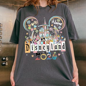 Op de afbeelding: Donkergrijs T-shirt met een kleurrijke Disneyland-afbeelding. Het ontwerp bevat een kasteel, Mickey Mouse, Minnie Mouse, Donald Duck en andere Disney-personages. De tekst "Disneyland 2020" is ook afgebeeld.
