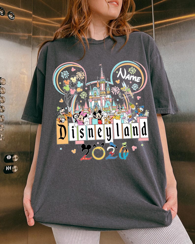 Op de afbeelding: Donkergrijs T-shirt met een kleurrijke Disneyland-afbeelding. Het ontwerp bevat een kasteel, Mickey Mouse, Minnie Mouse, Donald Duck en andere Disney-personages. De tekst "Disneyland 2020" is ook afgebeeld.