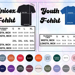 May include: Image showing size charts for Unisex and Youth t-shirts. The Unisex chart includes sizes S to 5XL, with width measurements from 18 to 32 inches and lengths from 28 to 35 inches. The Youth chart includes sizes S to XL, with width measurements from 15.24 to 18.23 inches and lengths from 20.87 to 24.37 inches. A color palette is also displayed.