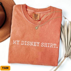 May include: Coral-colored t-shirt with the text "MY DISNEY SHIRT." A gold necklace with a pendant rests on the shirt. The shirt has a Comfort Colors tag. A brown hat and a dried palm leaf are in the background.