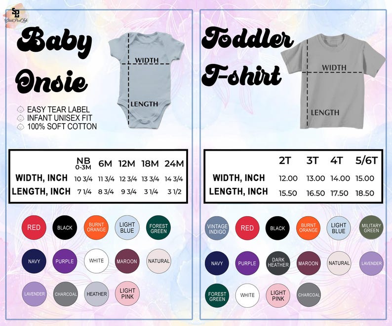 Puede incluir: Imagen que muestra tablas de tallas para bodies de beb&eacute; y camisetas para ni&ntilde;os peque&ntilde;os. La tabla de bodies de beb&eacute; incluye medidas en pulgadas para el ancho y el largo, con opciones de color. La tabla de camisetas para ni&ntilde;os peque&ntilde;os tambi&eacute;n proporciona medidas en pulgadas y opciones de color.