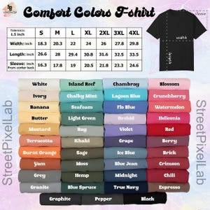 May include: A chart showcasing Comfort Colors T-shirts in a range of colours. The chart includes a size guide with measurements in inches, equivalent to cm, for width, length, and sleeve length. Colours include white, black, and many others.