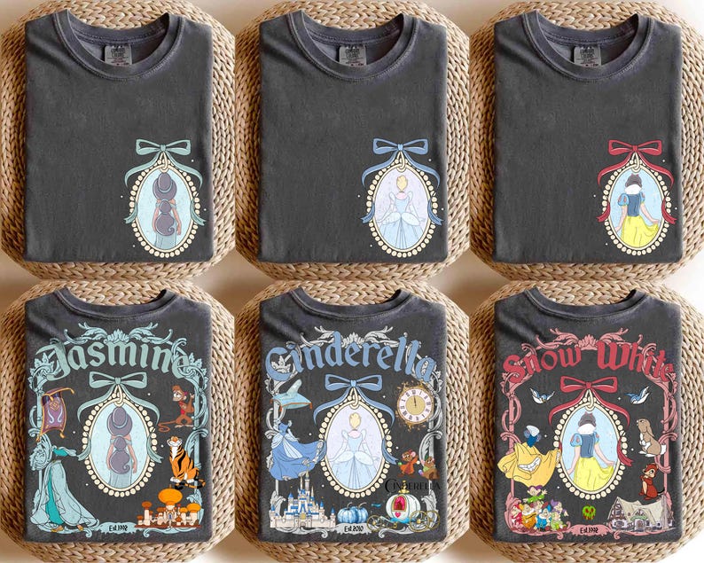 May include: Dark gray t-shirts with various princess designs. Each shirt features a framed portrait of a princess, with the names Jasmine, Cinderella, and Snow White. The shirts are folded on woven mats.