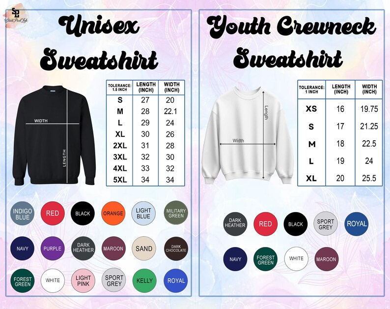 May include: A product image showcasing two sweatshirts: a black unisex sweatshirt and a white youth crewneck sweatshirt. Size charts with measurements in inches are displayed. Color options are also shown, including indigo blue, red, black, and more.