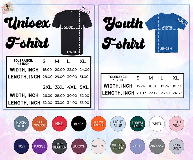 May include: A graphic displaying t-shirt size charts for unisex and youth sizes. The unisex chart includes sizes S to 5XL, with width measurements from 45.72 to 81.28 cm and lengths from 71.12 to 88.9 cm. The youth chart includes sizes S to XL, with widths from 38.71 to 46.3 cm and lengths from 53.01 to 61.8 cm. Colour swatches are also shown.