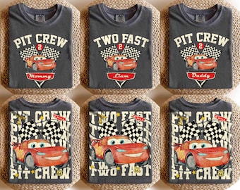 Camisetas personalizadas de cumpleaños de Rayo McQueen de Two Fast Pit Crew, camisetas familiares a juego de Disney Cars, Pixar Pier, camiseta de cumpleaños para niño, WDW