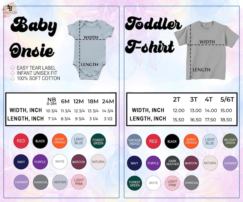 Puede incluir: Imagen que muestra tablas de tallas para bodies de beb&eacute; y camisetas de ni&ntilde;o. La tabla de bodies de beb&eacute; incluye tallas de NB a 24M, con medidas en pulgadas. La tabla de camisetas de ni&ntilde;o incluye tallas de 2T a 5/6T, tambi&eacute;n en pulgadas. Tambi&eacute;n se muestran opciones de color.