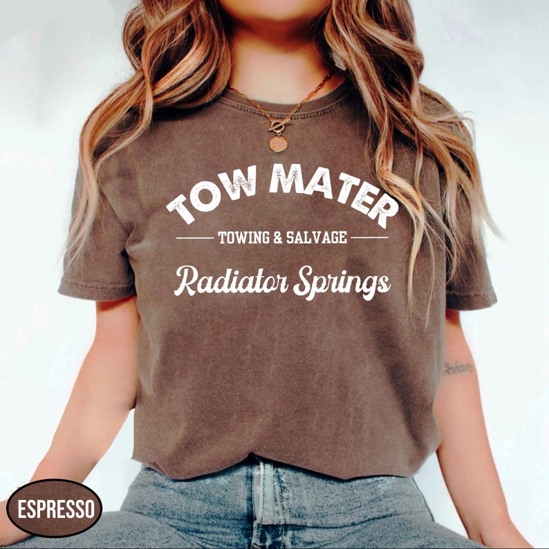 Retro Tow Mater Towing and Salvage Radiator Springs Shirt, McQueen Shirt, Disney Cars Shirt, Disneyland Shirt, Disneyworld Shirt Espresso