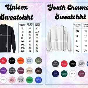 Puede incluir: Imagen de una sudadera unisex negra y una sudadera de cuello redondo juvenil blanca, con tablas de tallas que muestran medidas en pulgadas. La imagen tambi&eacute;n muestra una gama de opciones de color, incluyendo azul &iacute;ndigo, rojo, negro, naranja y otros.