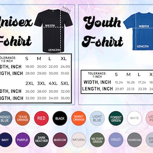 以下が含まれることがあります： ユニセックスとユースTシャツのサイズチャートを示す画像。ユニセックスチャートにはSから5XLまでのサイズが含まれ、幅は45.72〜81.28cm、長さは71.12〜88.9cmです。ユースチャートにはSからXLまでのサイズが含まれ、幅は38.71〜46.3cm、長さは53.01〜61.9cmです。カラーパレットも表示されています。