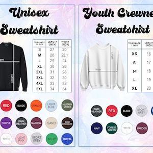 Puede incluir: Imagen de dos sudaderas con tablas de tallas. Una es una sudadera unisex negra, la otra es un cuello redondo juvenil blanco. Las opciones de color se muestran a continuaci&oacute;n. Las tallas de sudadera unisex van desde la S (68,6 cm de largo, 50,8 cm de ancho) hasta la 5XL (86,4 cm de largo, 86,4 cm de ancho).