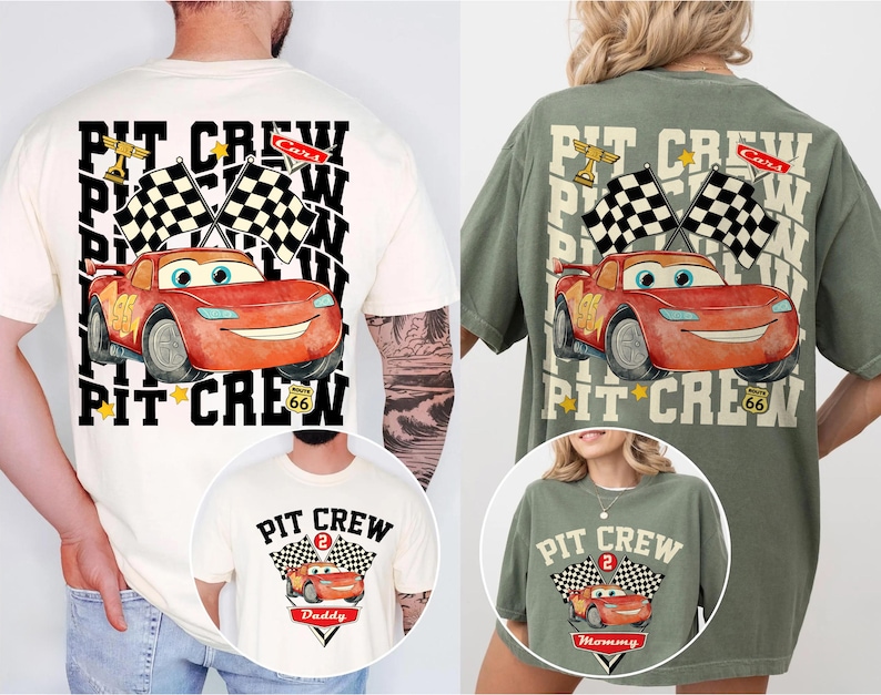 May include: Two t-shirts, one cream and one olive green, with a cartoon race car design. The design includes the text "PIT CREW", checkered flags, and a Route 66 sign. The cream shirt has a smaller design that says "Daddy". The olive green shirt has a smaller design that says "Mommy".