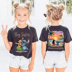 May include: A dark grey t-shirt with the words "Big Sister" in gold script, and a graphic of Lilo and Stitch. The back of the shirt shows a beach scene with the text "Ohana means family".