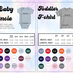 以下が含まれることがあります： ベビー用ロンパースと幼児用Tシャツのサイズチャートを示す画像。ベビー用ロンパースのチャートには、幅と長さのインチ単位の測定値と色のオプションが含まれています。幼児用Tシャツのチャートにも、インチ単位の測定値と色の選択肢が記載されています。