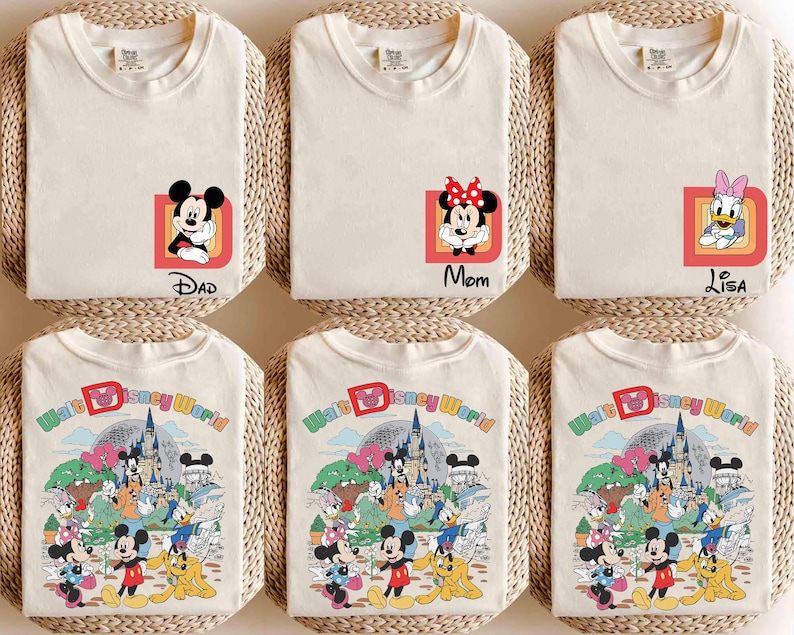 May include: Off-white t-shirts featuring Disney characters. One shirt has Mickey Mouse with "Dad" text, another has Minnie Mouse with "Mom", and a third has Daisy Duck with "Lisa". The other shirts display a colorful "Walt Disney World" graphic.