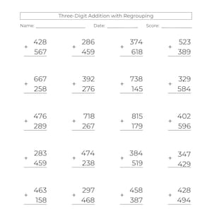Könnte beinhalten: Ein Arbeitsblatt zum Üben der dreistelligen Addition mit Übertrag. Das weiße Papier hat einen Titel und Platz für Name, Datum und Punktzahl. Es gibt 12 Additionsaufgaben.