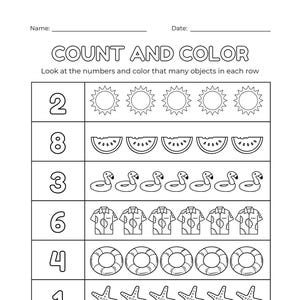 Puede incluir: Hoja de trabajo en blanco y negro titulada "COUNT AND COLOR". La hoja de trabajo presenta filas de objetos como soles, sandías, cisnes, camisas, salvavidas, estrellas de mar, paraguas y cangrejos, con números a la izquierda.