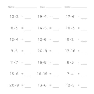 10 Arbeitsblätter zum Subtrahieren bis 20: Mathe-Übung für die Vorschule und die 1.Klasse (PDF)