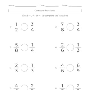 10 Printable Comparing Fractions Worksheets – Practice Fraction Comparison Exercises – Compare Fractions Activities – Math Test Prep