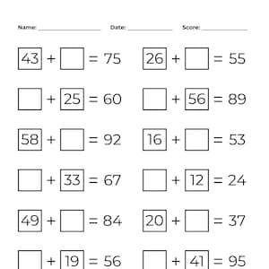 Puede incluir: Una hoja de trabajo blanca con problemas de suma. La hoja de trabajo incluye los encabezados "Nombre:", "Fecha:" y "Puntuación:". Los problemas de suma se presentan con espacios en blanco para las respuestas. Los problemas incluyen números como 43, 26, 25, 56, 58, 16, 33, 12, 49, 20, 19, 41, 32, 50, 17 y 67.
