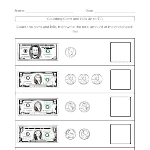 10 printable money counting worksheets for kindergarten and preschool math learners. Learn and practice coin and bill counting more easily. These counting money kids worksheets focus on money math skills to help build confidence in counting money.