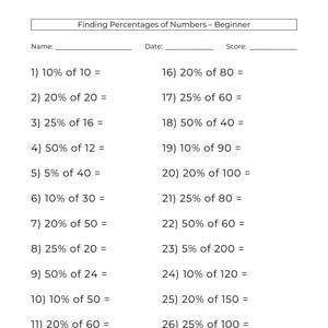 Könnte beinhalten: Ein weißes Arbeitsblatt mit dem Titel "Finding Percentages of Numbers - Beginner" mit 30 Matheaufgaben. Das Arbeitsblatt enthält Platz für Name, Datum und Punktzahl. Die Aufgaben beinhalten die Berechnung von Prozentsätzen verschiedener Zahlen.