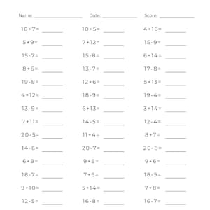 Puede incluir: Una hoja de trabajo blanca con problemas de matemáticas, incluyendo ecuaciones de suma y resta. La parte superior de la hoja tiene campos para nombre, fecha y puntuación. Los problemas están dispuestos en columnas.